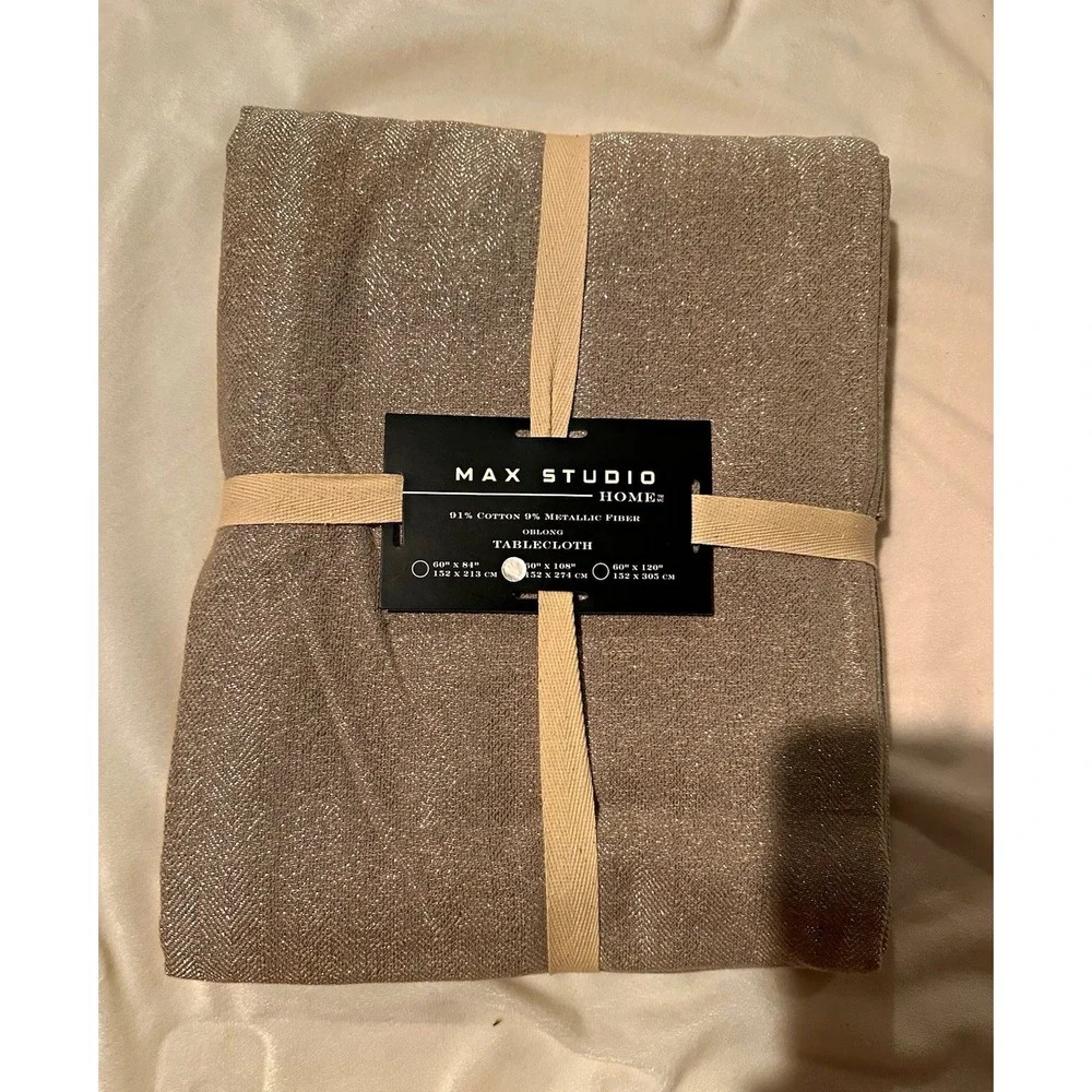 Max Studio Home Silver Herringbone Oblong Cotton Tablecloth, Machine Washable